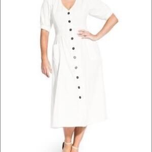 City Chic Off-White Linen Blend Button Down Midi Shirt Dress, Sz 14